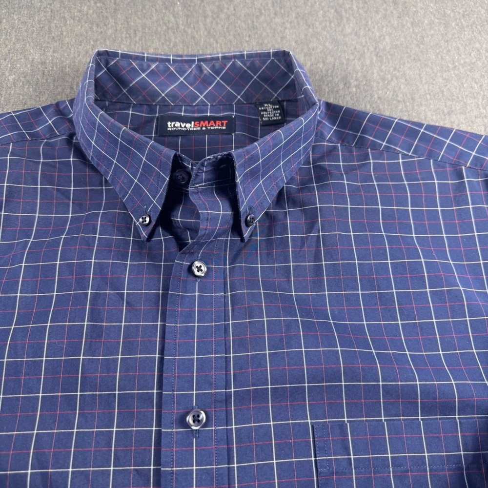 Roundtree & Yorke TravelSmart Mens XL Navy Blue Windowpane Plaid Button Down